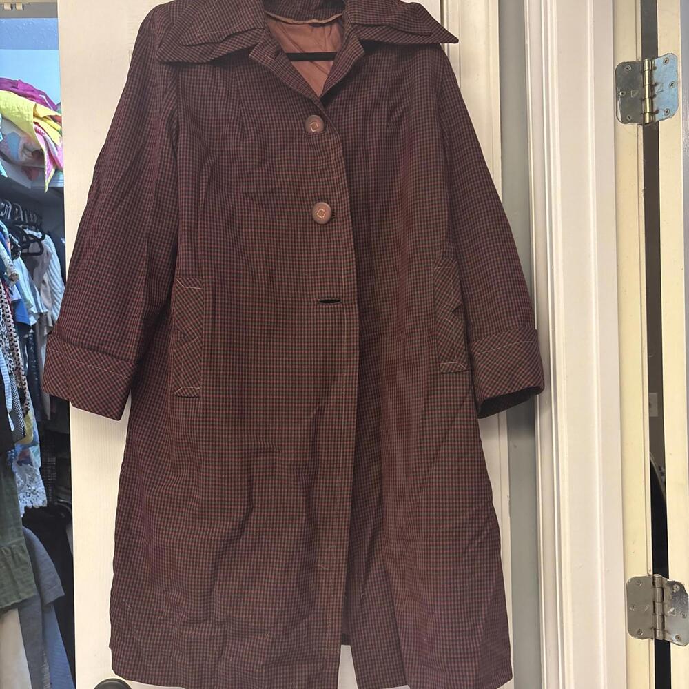 Vintage Handmade Wool Coat Womens Sz X-Large Red Green Houndstooth Check.